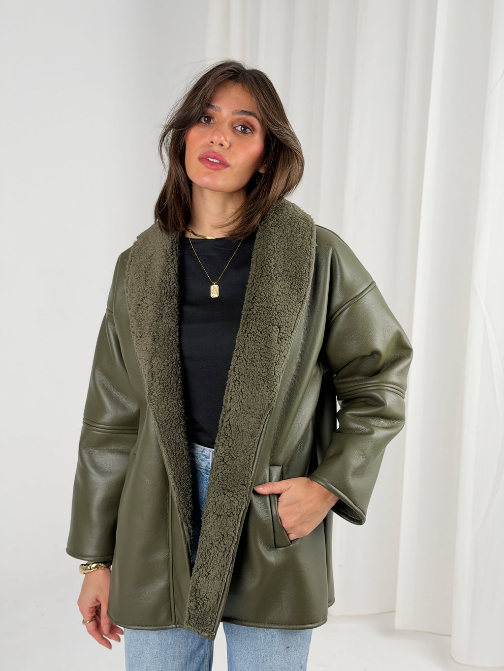 Gold for Her Padded Leather Coat - Olive