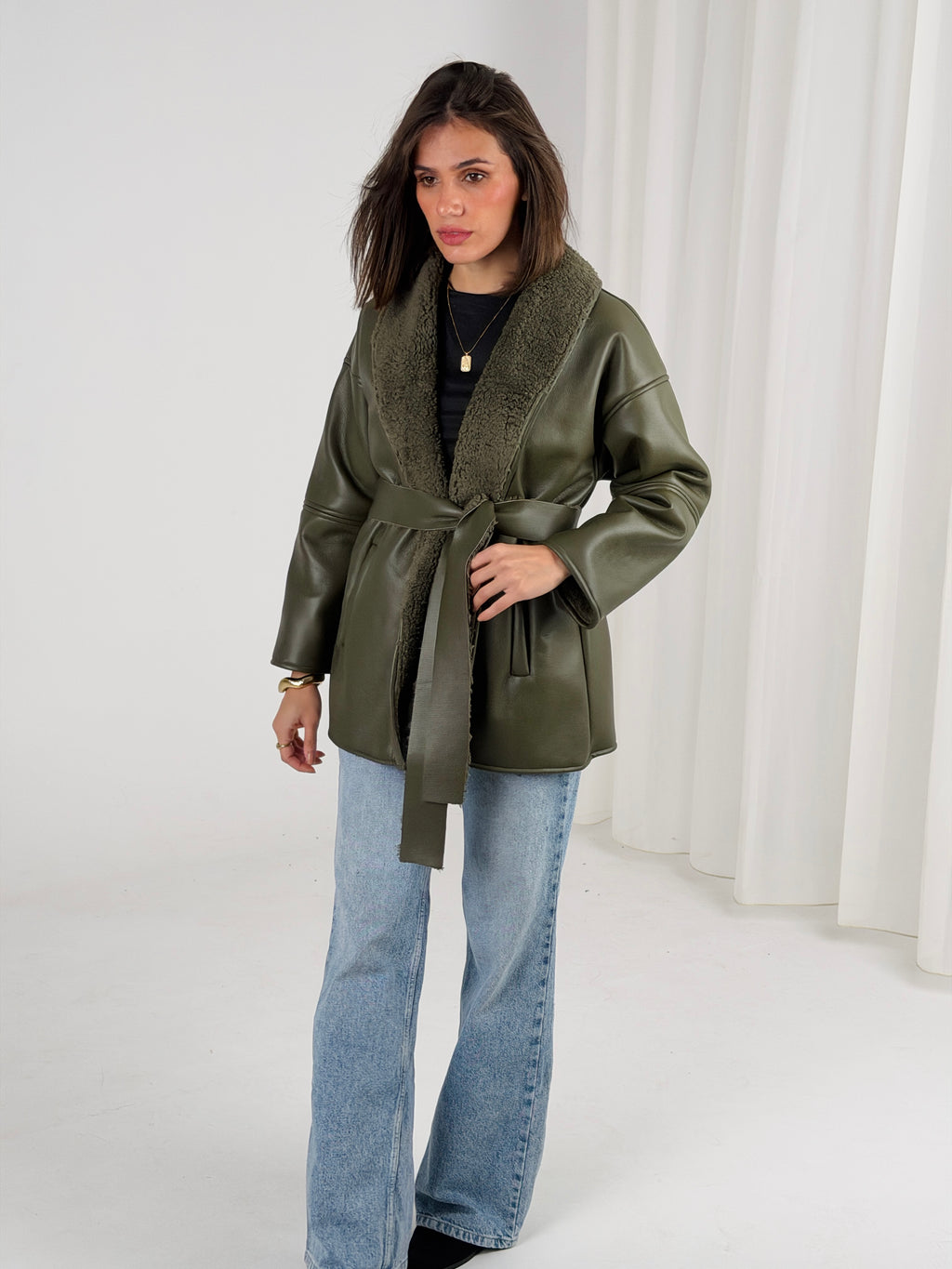 Gold for Her Padded Leather Coat - Olive
