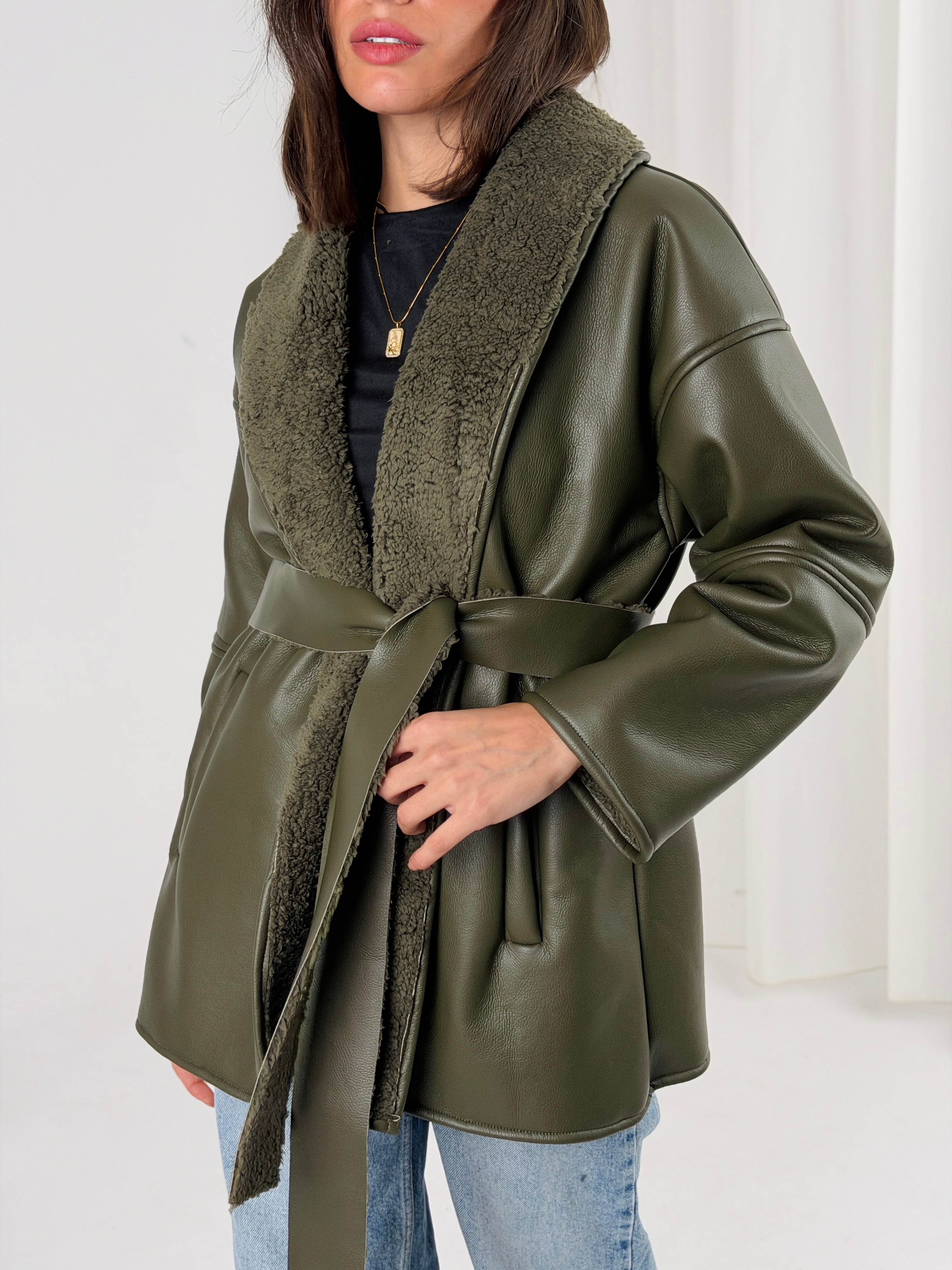 Gold for Her Padded Leather Coat - Olive