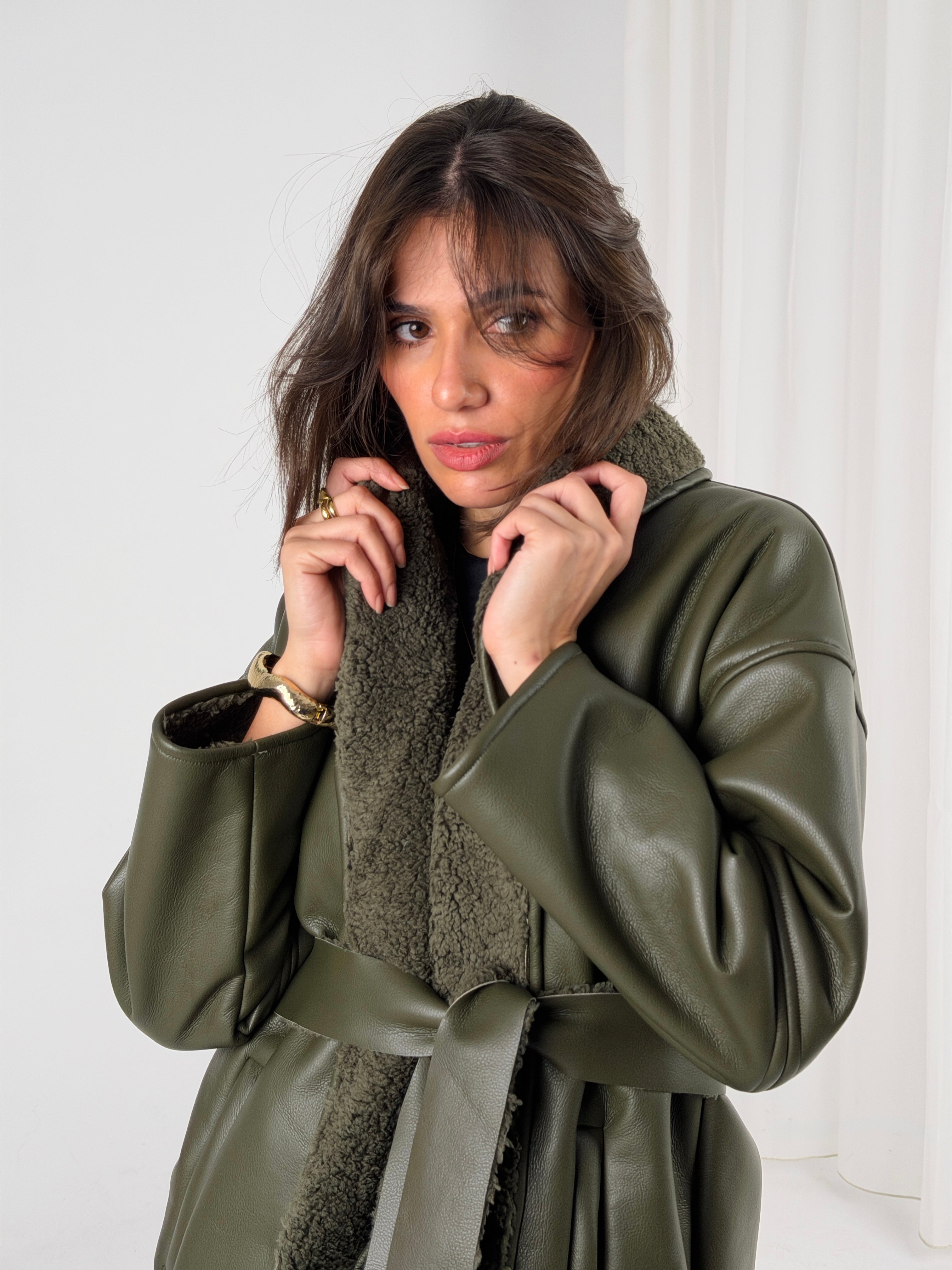 Gold for Her Padded Leather Coat - Olive