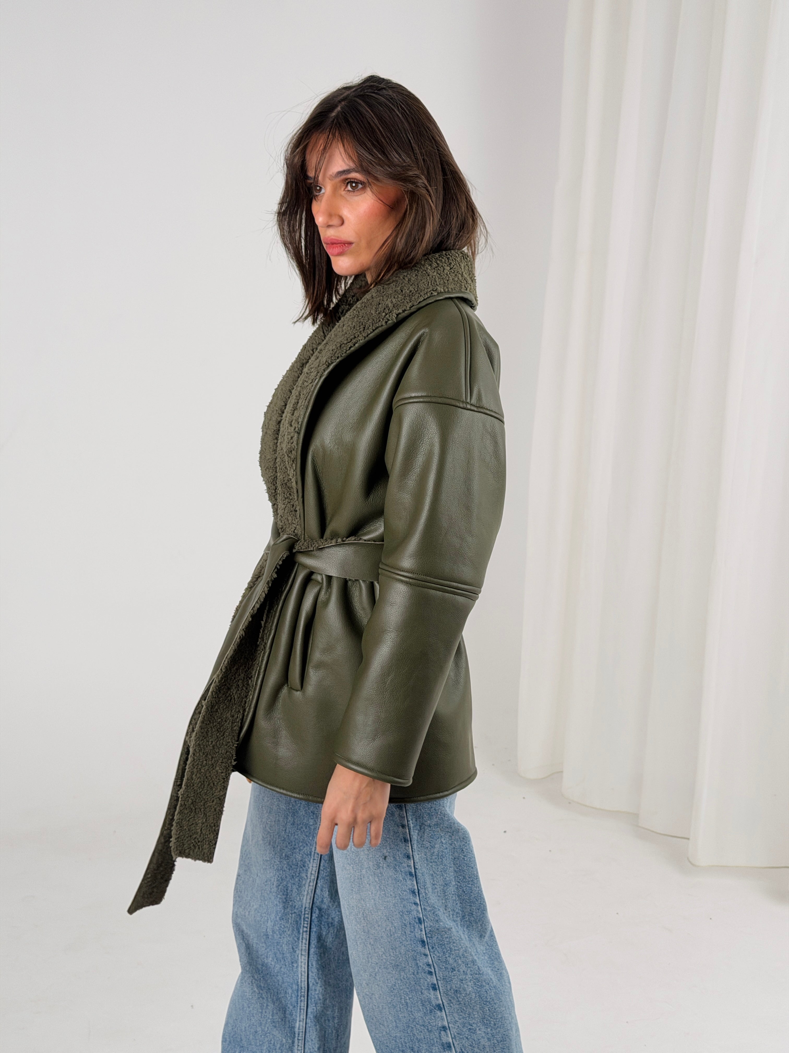 Gold for Her Padded Leather Coat - Olive