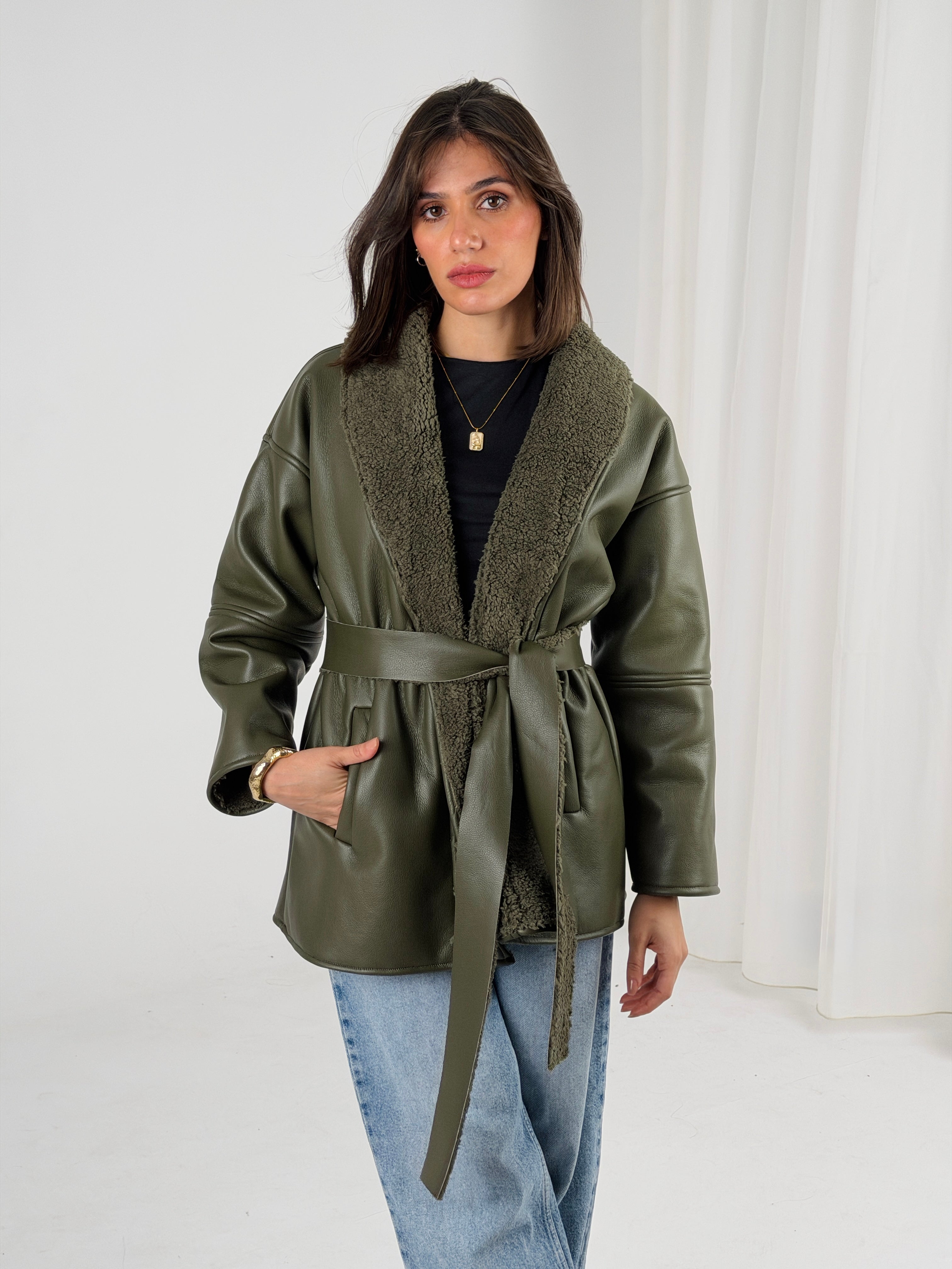 Gold for Her Padded Leather Coat - Olive