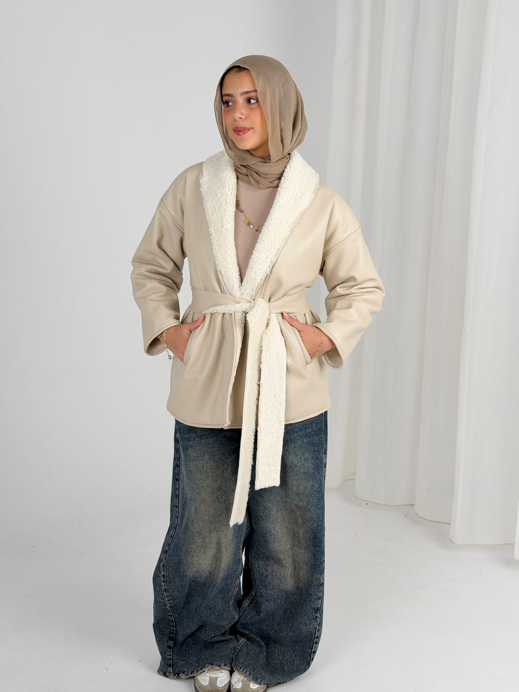 Gold for Her Padded Leather Coat - Light Beige