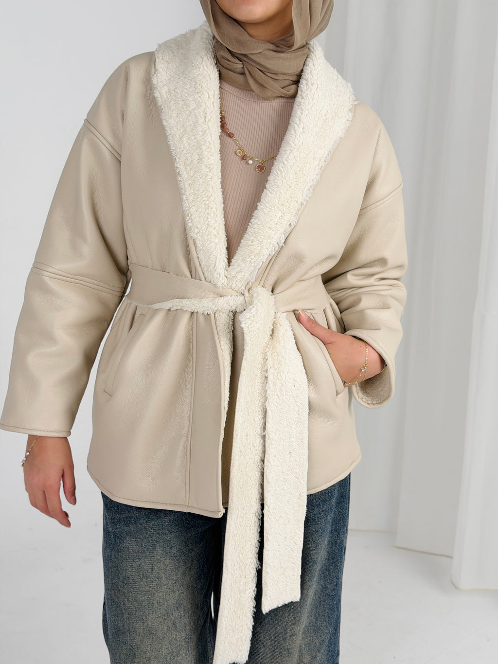 Gold for Her Padded Leather Coat - Light Beige