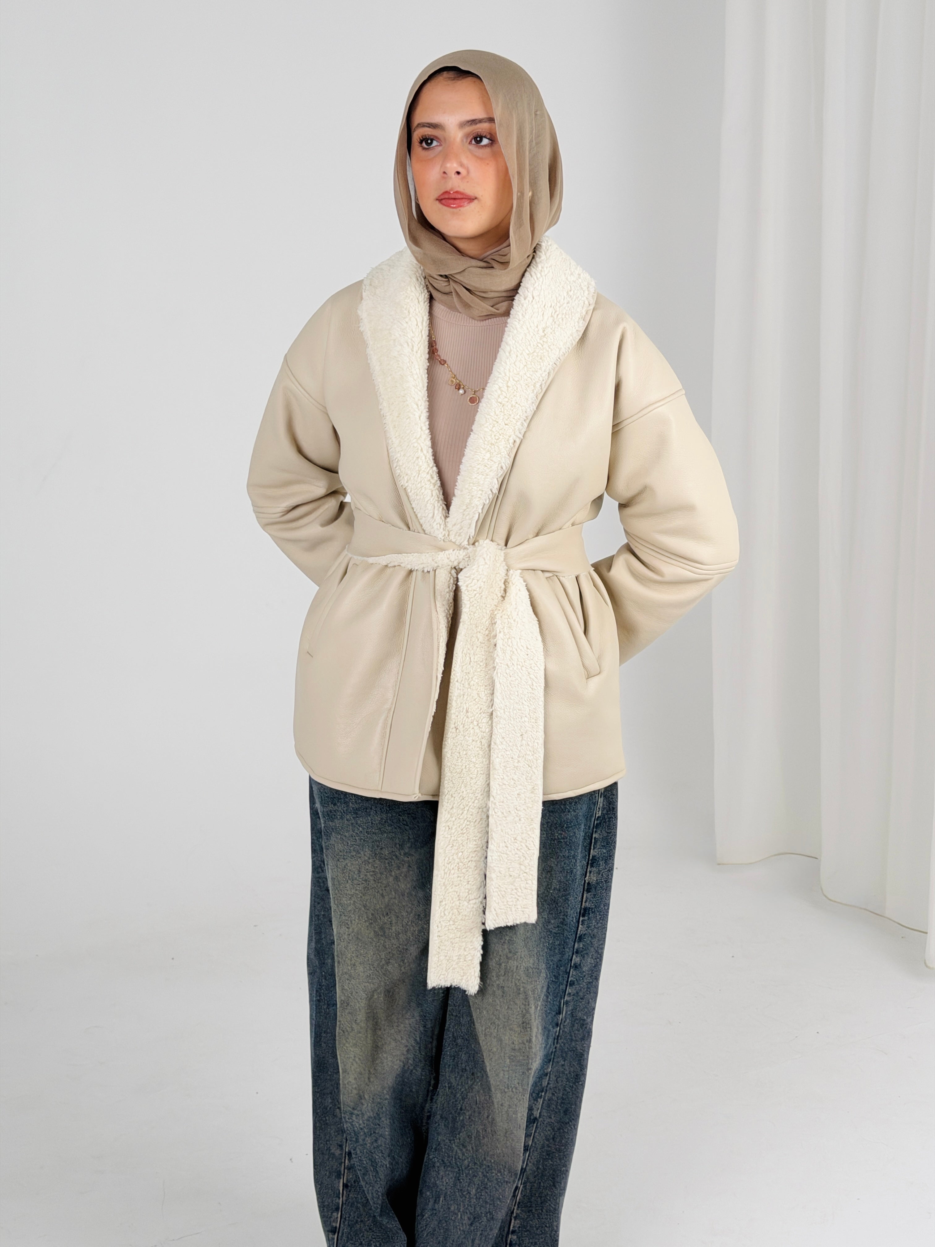 Gold for Her Padded Leather Coat - Light Beige